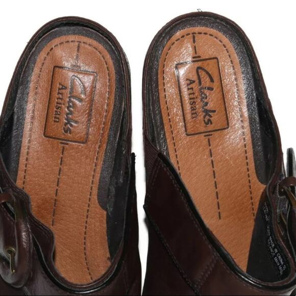Clarks Artisan Brown Leather Platform Buckle Mules - Picture 5 of 6